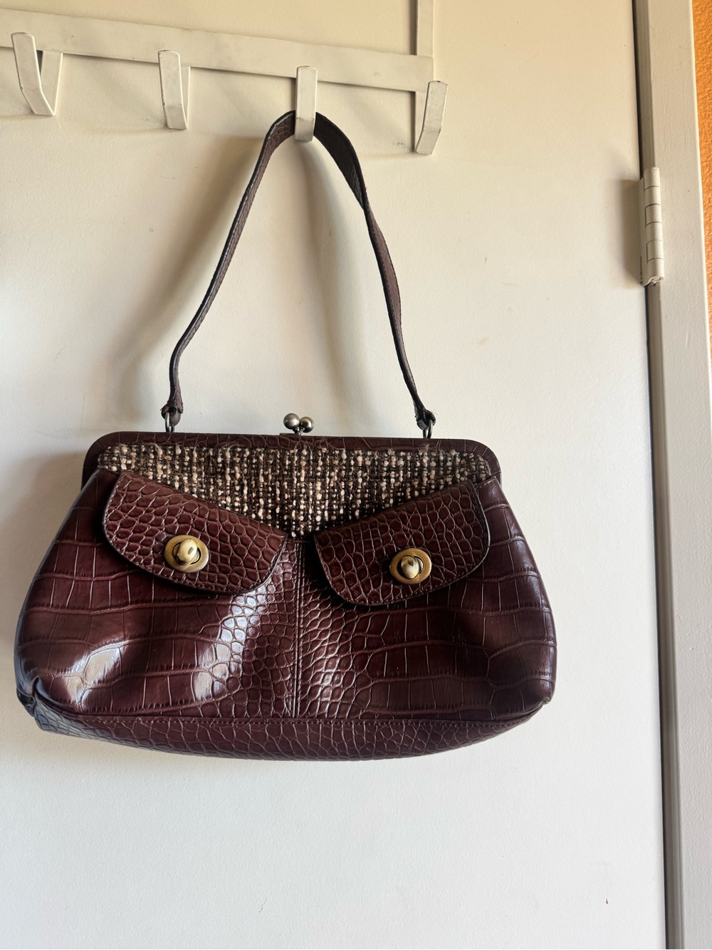 Classic Croc-Embossed Frame Shoulder Bag in Deep Brown